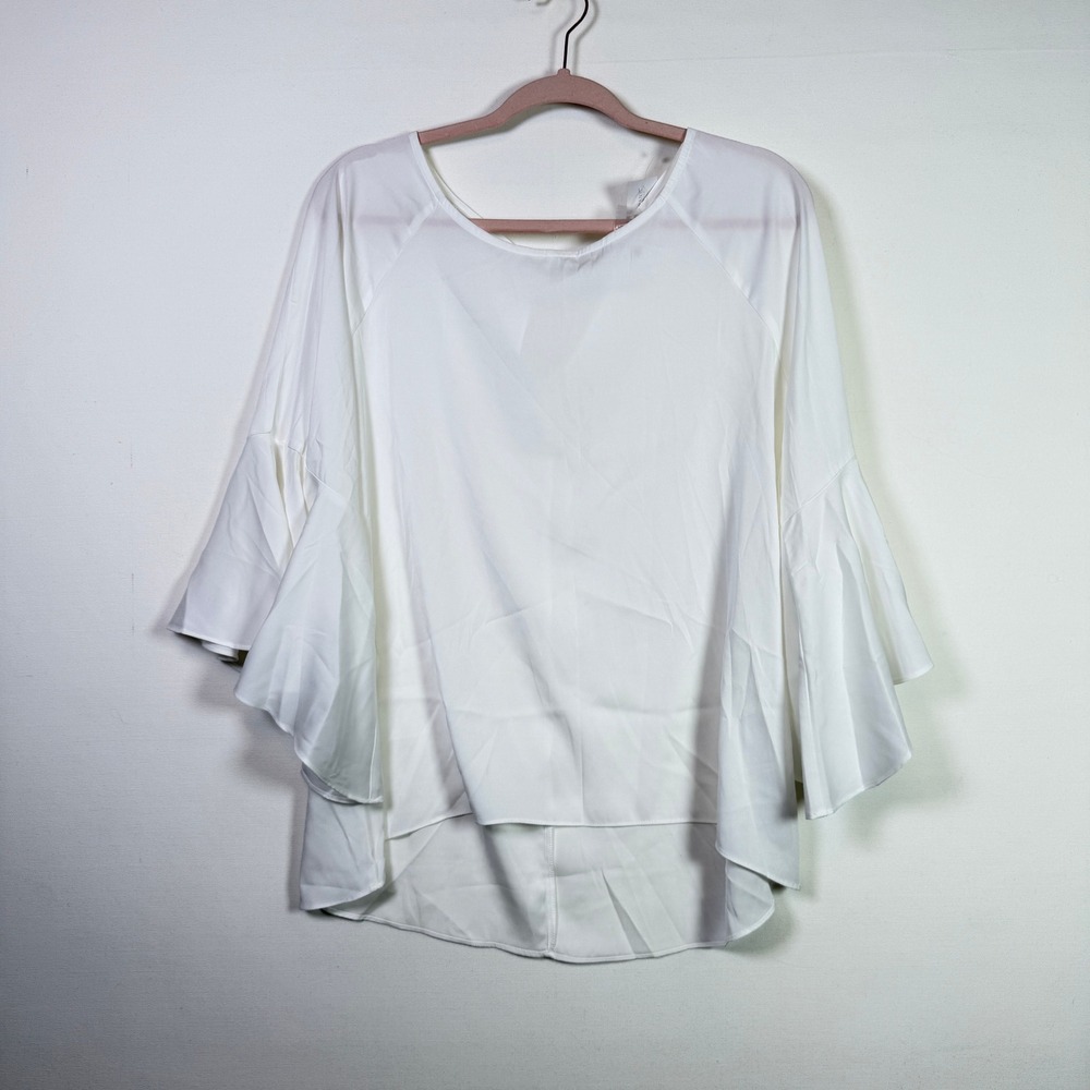 7th Avenue White Tiered Bell Sleeve Keyhole Back Blouse Large